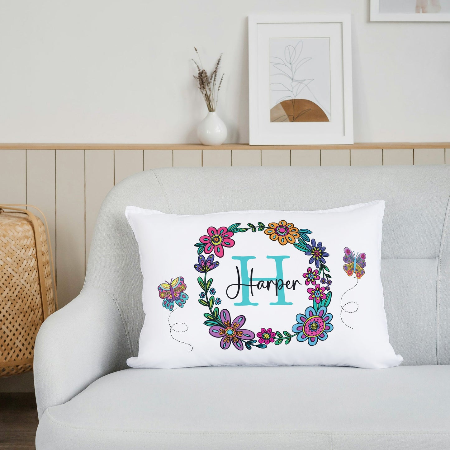 Floral Butterfly Personalized Monogram Name Standard Pillowcase | Flowers and Butterflies Pillow Cover | Girl Room Decor | Nursery Decor