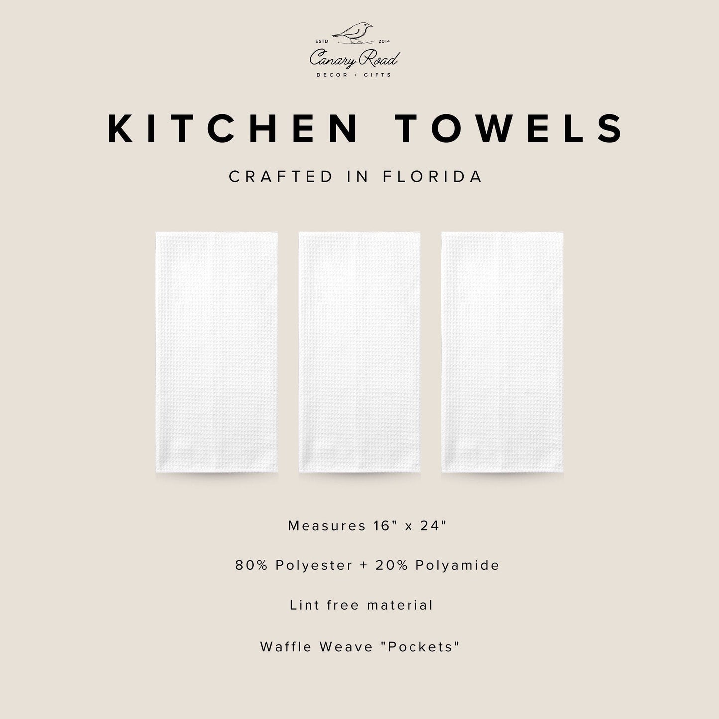 The image is a collage of three identical images of white kitchen towels, each with a different size and shape. The towels are arranged in a row, with one being larger than the other two. The image does not contain any text, and the towels are identical in appearance.