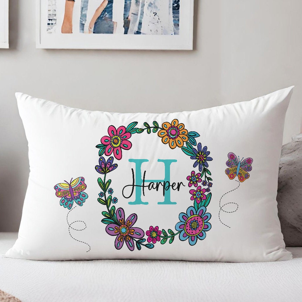 Floral Butterfly Personalized Monogram Name Standard Pillowcase | Flowers and Butterflies Pillow Cover | Girl Room Decor | Nursery Decor