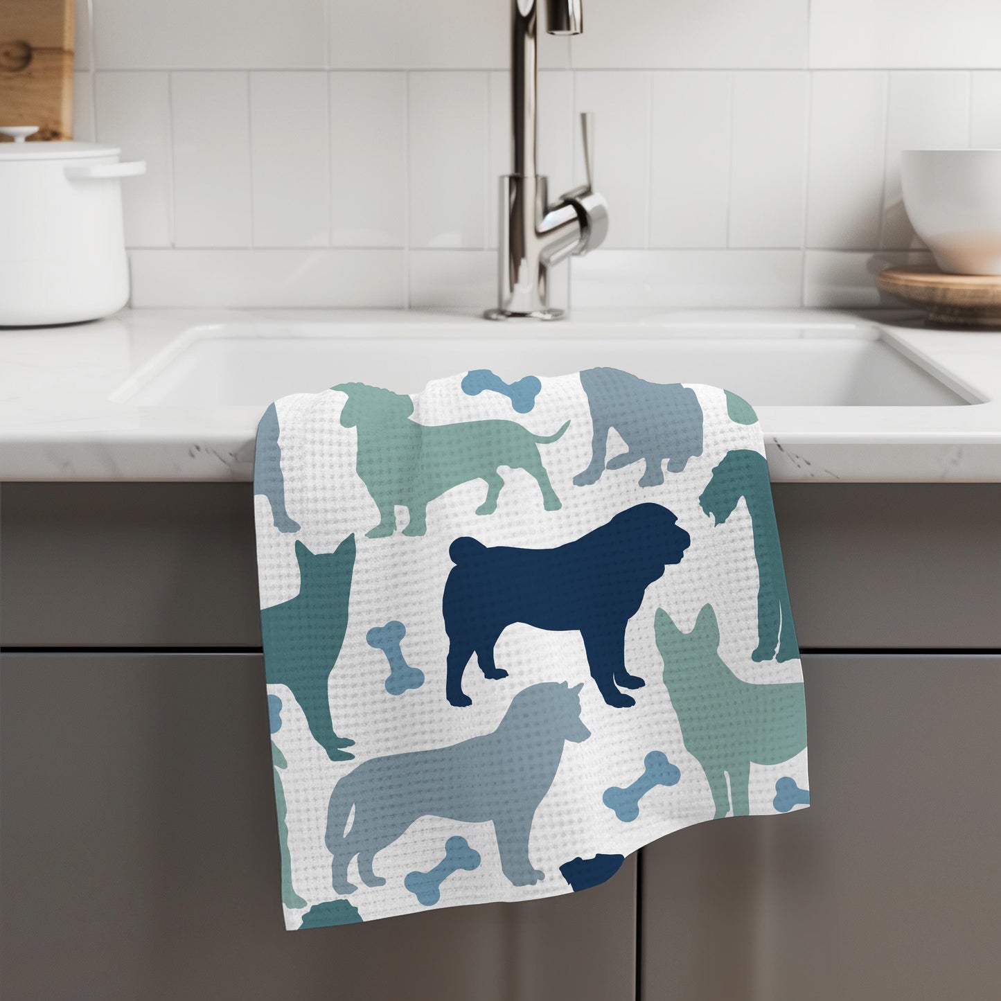 Dog Puppy Dog Mom Lady White Kitchen Towel Waffle Weave Hostess Pet Lover Modern Funky Friend