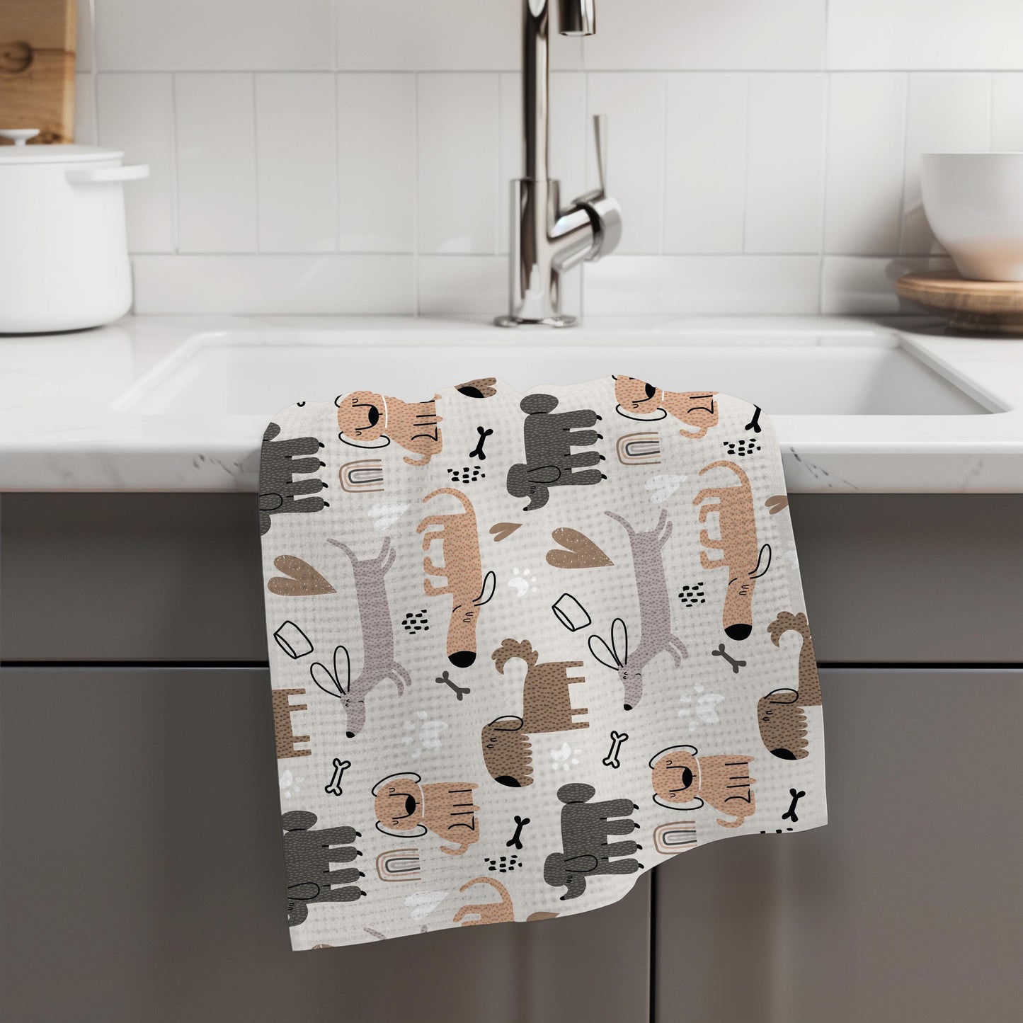 Dog Puppy Dog Mom Lady White Kitchen Towel Waffle Weave Hostess Pet Lover Modern Funky Friend