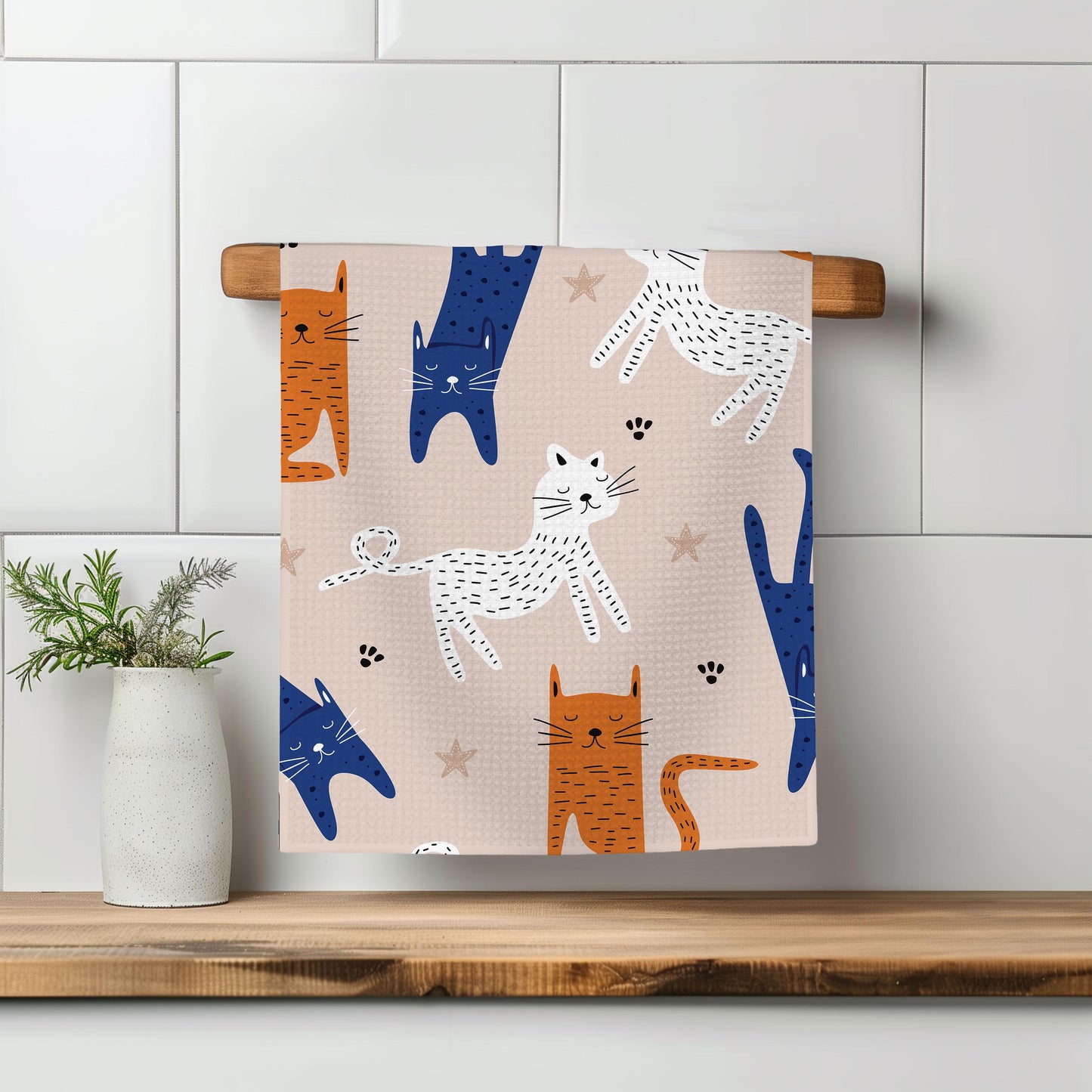 Cat Kitten Kitty Blue Cat Lady White Kitchen Towel Waffle Weave Hostess