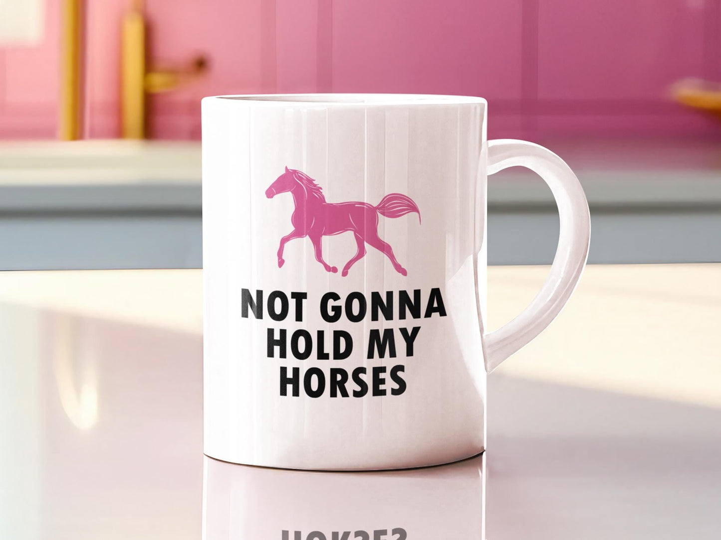 a white coffee mug with a pink horse on it