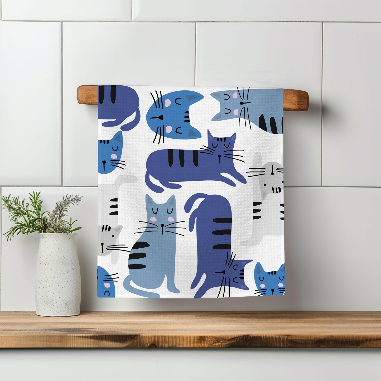 Cat Kitten Kitty Blue Cat Lady White Kitchen Towel Waffle Weave Hostess