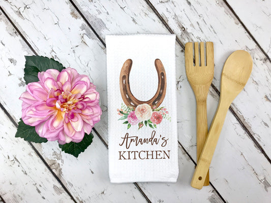 Horseshoe Name Towel | Custom Kitchen Dish Towel | Custom Gifts for Horse Lovers | Rustic Kitchen Decor