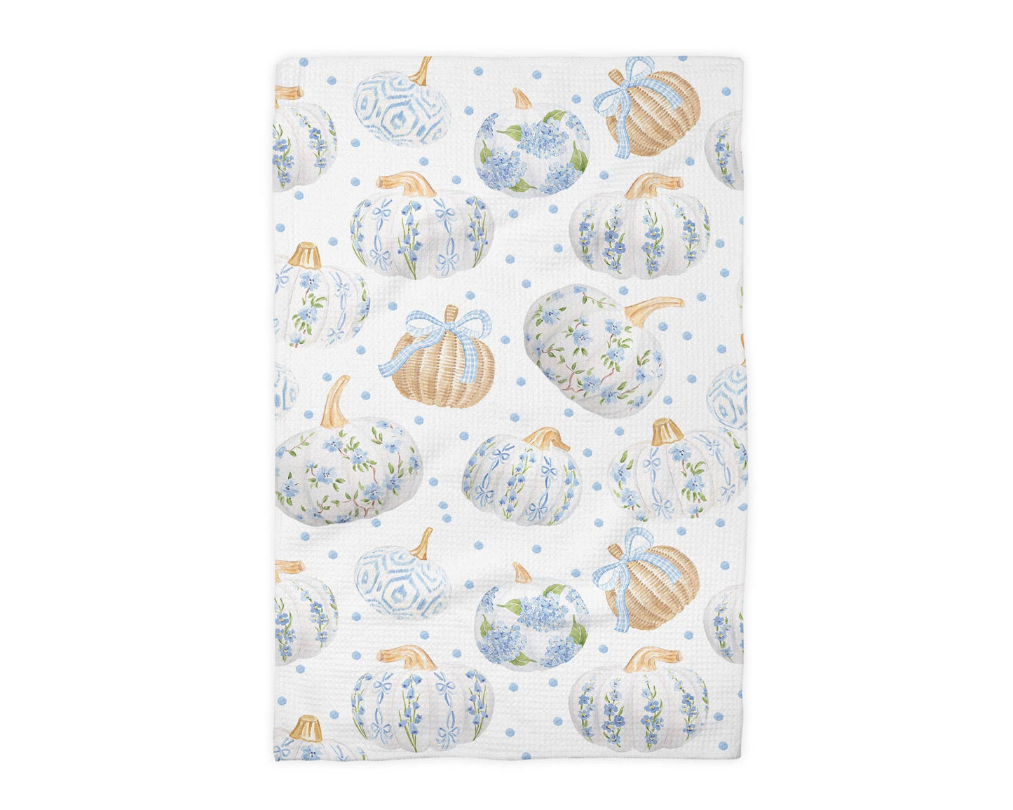 Blue Pumpkin Chinoiserie Fall Coastal Kitchen Towel Waffle
