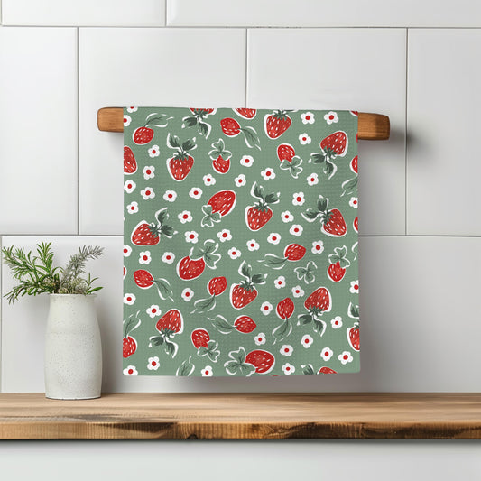 Berry Strawberry Kitchen Towel – Summer Farmers Market Decor, Berry Picking Towel, Waffle Weave, 16x24" Dish Towel