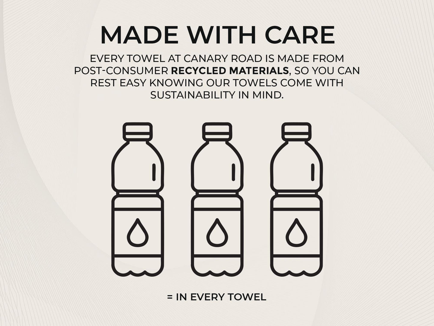 a line drawing of three water bottles with the words made with care
