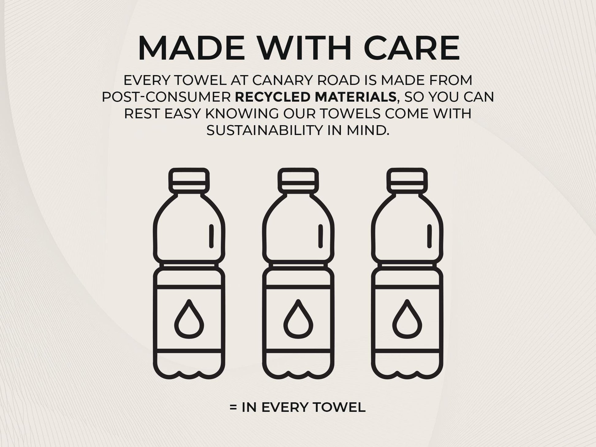 a line drawing of three water bottles with the words made with care