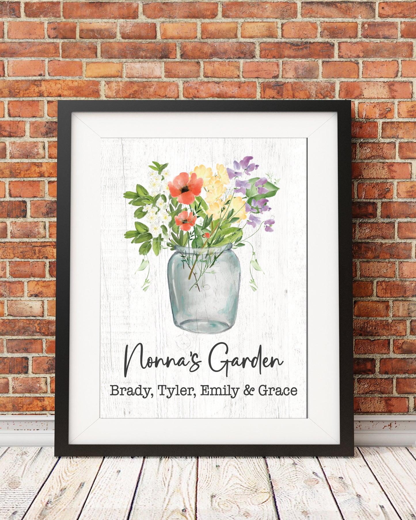Personalized gift for Mother's Day: custom birth month flowers in a vase print. Add names of children or your own message.