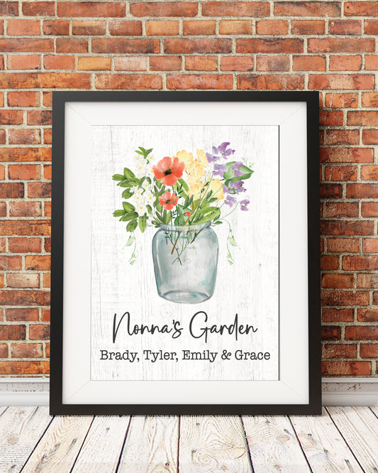 Personalized gift for Mother's Day: custom birth month flowers in a vase print. Add names of children or your own message.