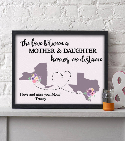 Love Knows No Distance: Purple Long distance print, a touching Mother's Day sentiment for Mom from daughter.