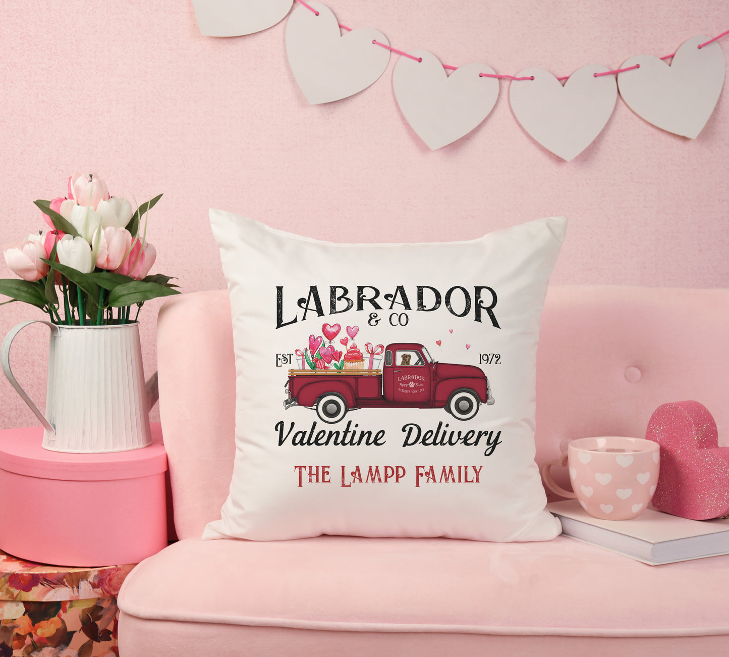 Personalized Chocolate Labrador Valentine Truck Pillow