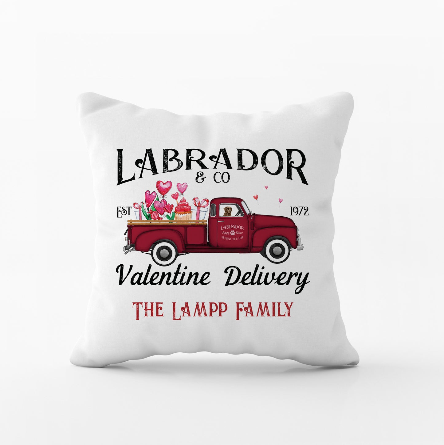 Personalized Chocolate Labrador Valentine Truck Pillow