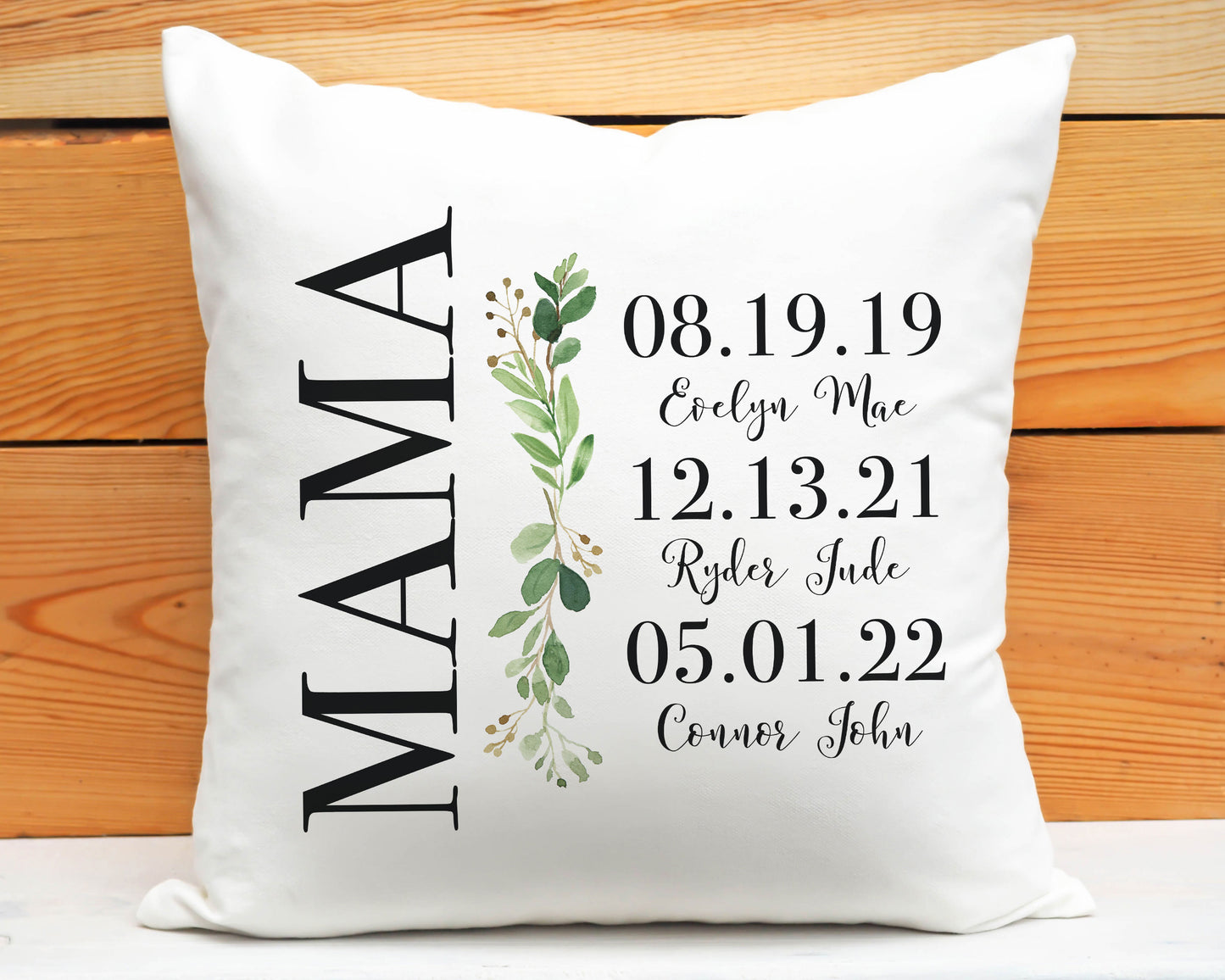 Eucalyptus Mom Date throw pillow for Mother's Day. List children's names and birthdates next to Mom.
