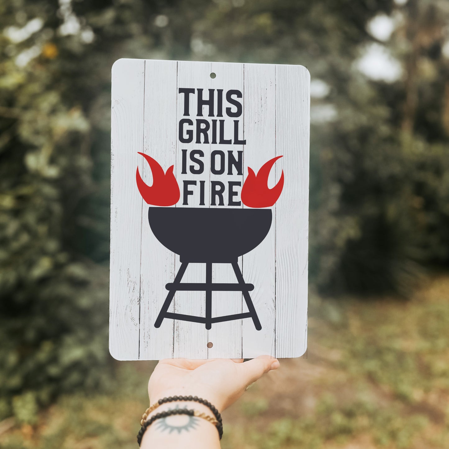Grill On Fire Metal Sign - 8"x12"