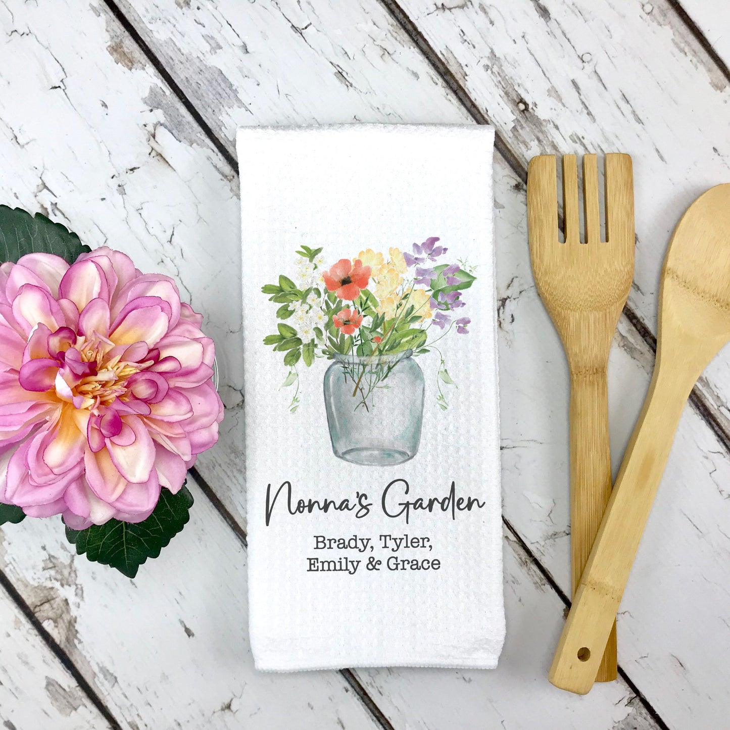 Beautifully made custom gift for Mother's Day: Birth month flower vase towel for Mom's kitchen. Customize with kids' names and your own message.