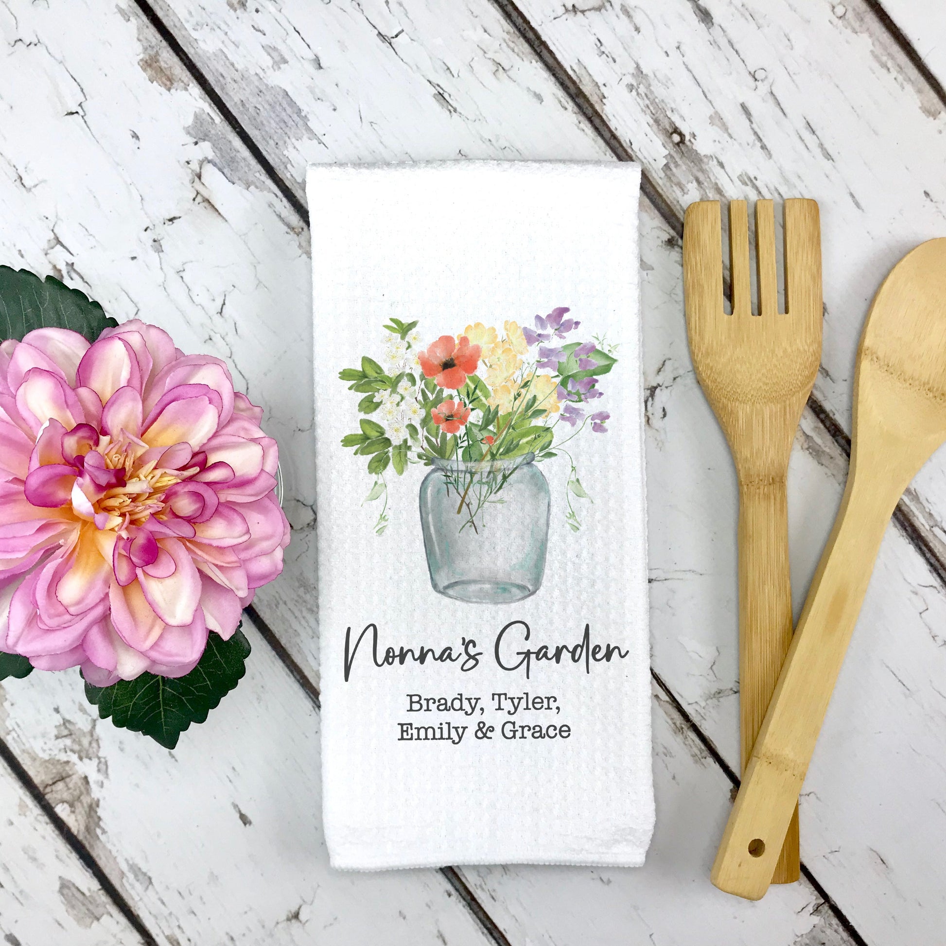 Beautifully made custom gift for Mother's Day: Birth month flower vase towel for Mom's kitchen. Customize with kids' names and your own message. 