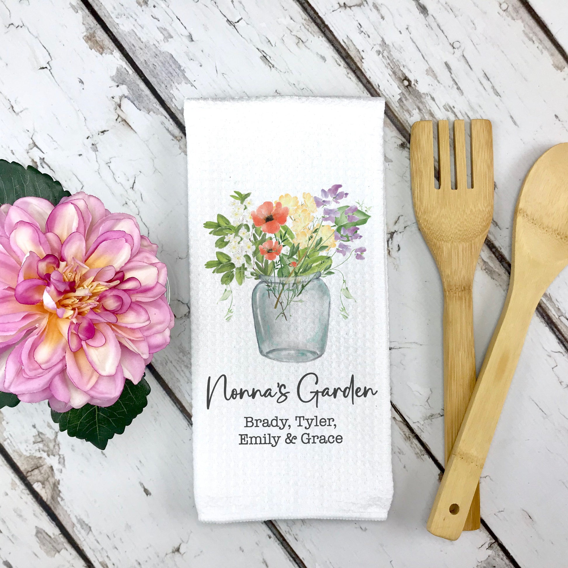 Beautifully made custom gift for Mother's Day: Birth month flower vase towel for Mom's kitchen. Customize with kids' names and your own message.
