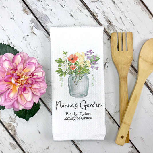 Beautifully made custom gift for Mother's Day: Birth month flower vase towel for Mom's kitchen. Customize with kids' names and your own message. 