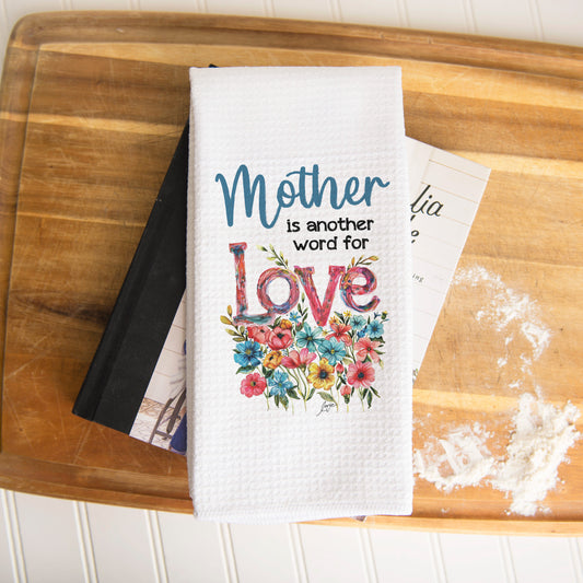 A lovely kitchen towel in waffle weave, featuring a heartwarming Mother's Day design.