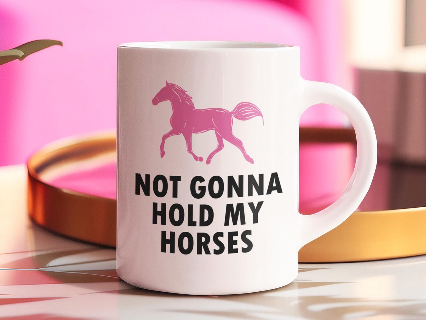 a white coffee mug with a pink horse on it