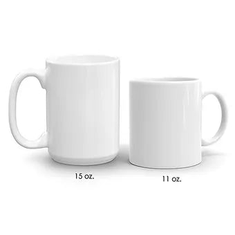 Two white ceramic mugs of different sizes are shown side by side.