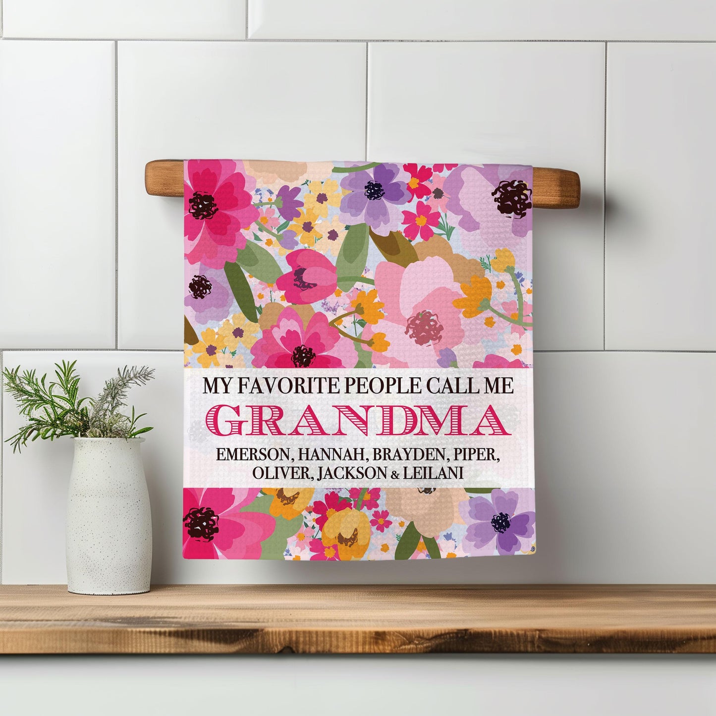 Custom Grandmother Gift Towel | Floral Kitchen Towel | Mother's Day Present | Personalized Gift for Grandma | Keepsake from Grandkids Floral