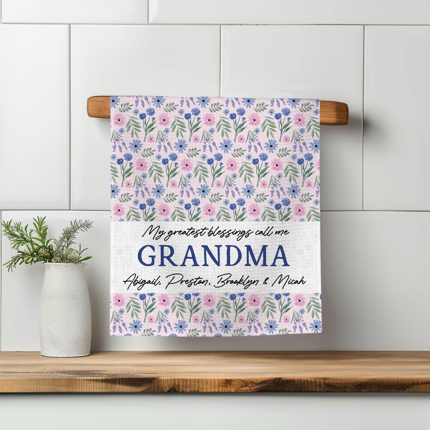 Custom Grandmother Gift Towel | Floral Kitchen Towel | Mother's Day Present | Personalized Gift for Grandma | Keepsake from Grandkids