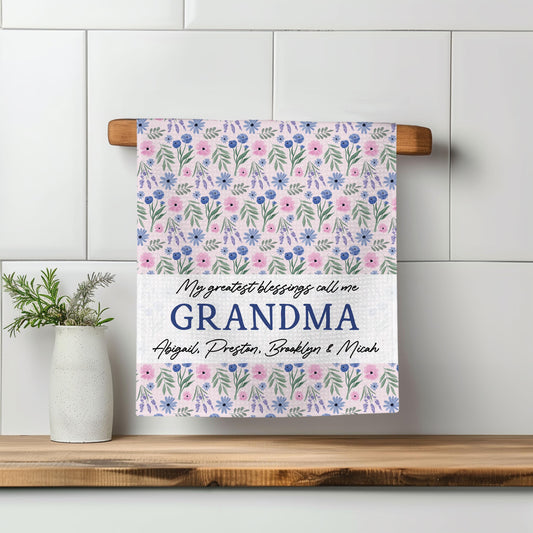 Custom Grandmother Gift Towel | Floral Kitchen Towel | Mother's Day Present | Personalized Gift for Grandma | Keepsake from Grandkids