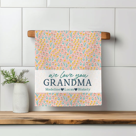 Custom Grandmother Gift Towel | Floral Kitchen Towel | Mother's Day Present | Personalized Gift for Grandma | Keepsake from Grandkids Floral
