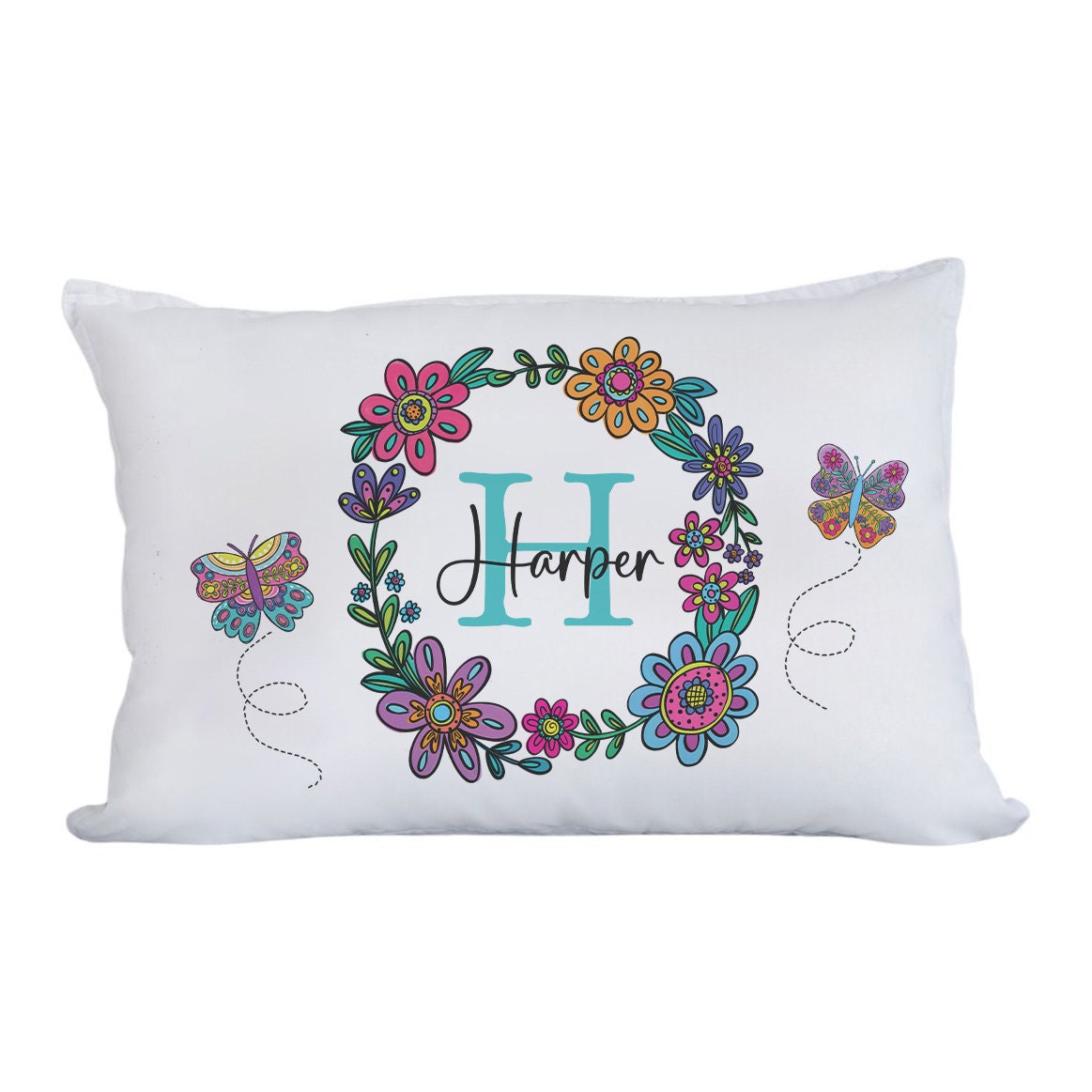 Floral Butterfly Personalized Monogram Name Standard Pillowcase | Flowers and Butterflies Pillow Cover | Girl Room Decor | Nursery Decor