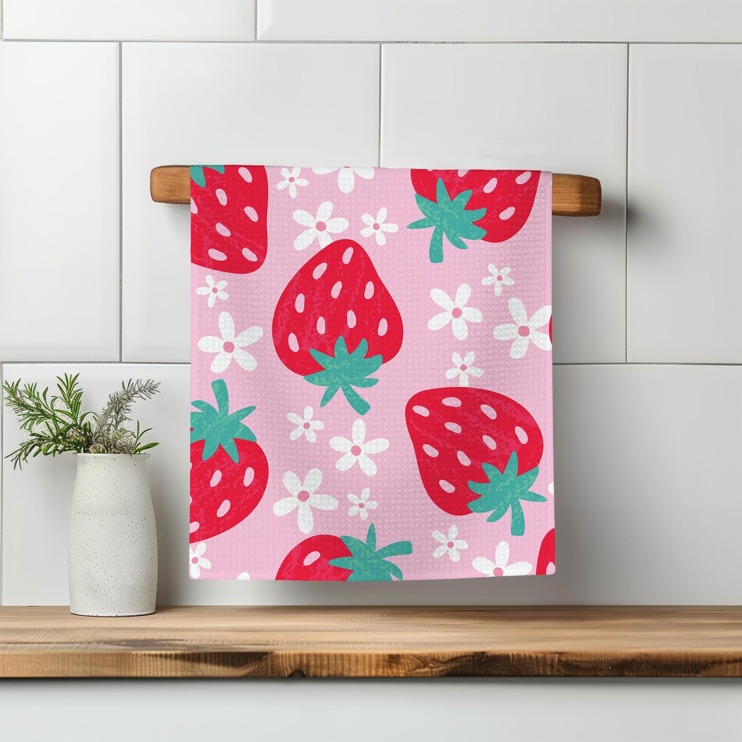 Strawberry Berry Kitchen Towel – Summer Farmers Market Decor, Berry Picking Towel, Waffle Weave, 16x24" Dish Towel