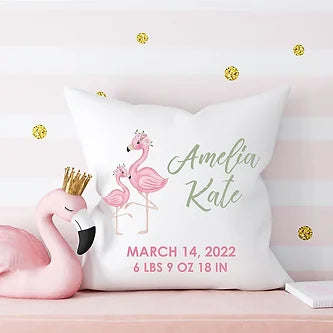 Personalized Flamingo Birth Announcement Pillow