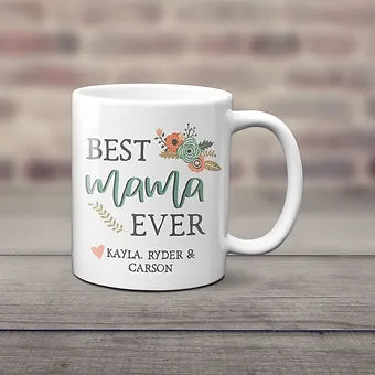 Best Mama Ever: Stylish ceramic coffee mug, a perfect Mother's Day treat that can be customized with kids' names.