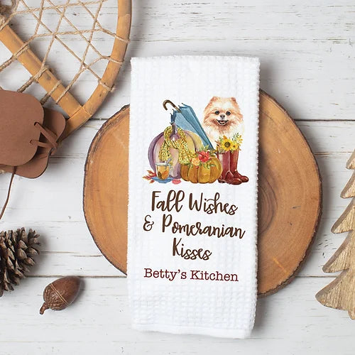 Personalized Fall Wishes & Pomeranian Kisses Kitchen Towel