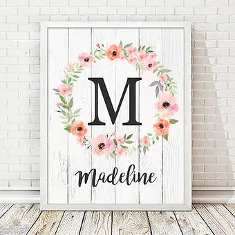 Personalized Floral Wreath Monogram Print with Wooden Background