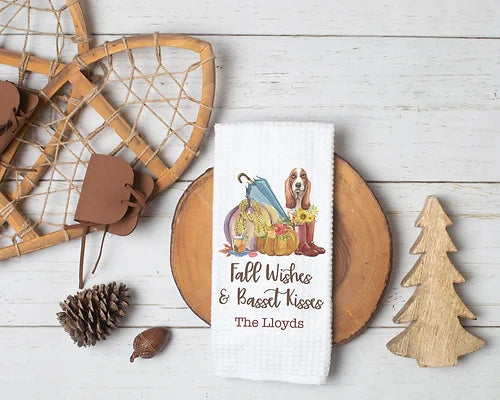 Personalized Fall Wishes & Basset Kisses Kitchen Towel