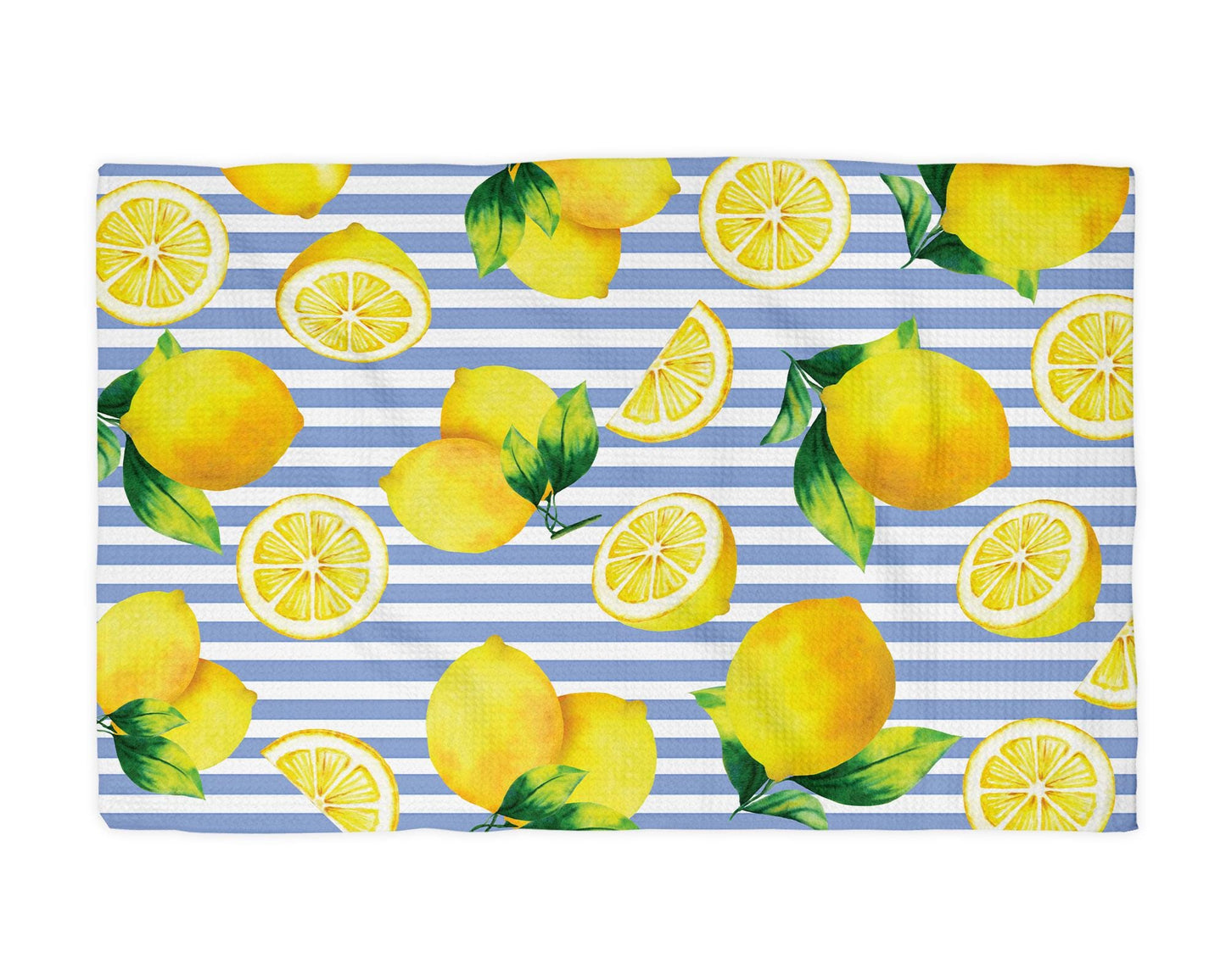 Lemon Stripe Blue White Kitchen Towel Waffle Weave Floral Citrus Spring Preppy Hostess