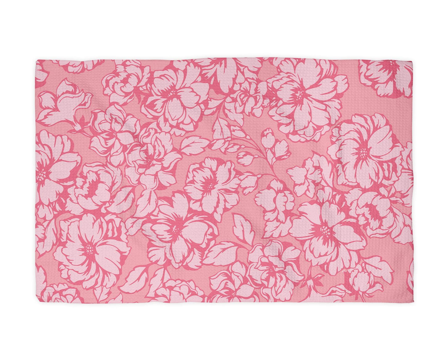 Pink Floral Peony White Kitchen Towel Waffle Weave Citrus Spring Preppy Hostess