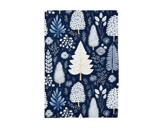 Winter Kitchen Towel – Navy Blue Floral Holiday Design With Waffle Weave