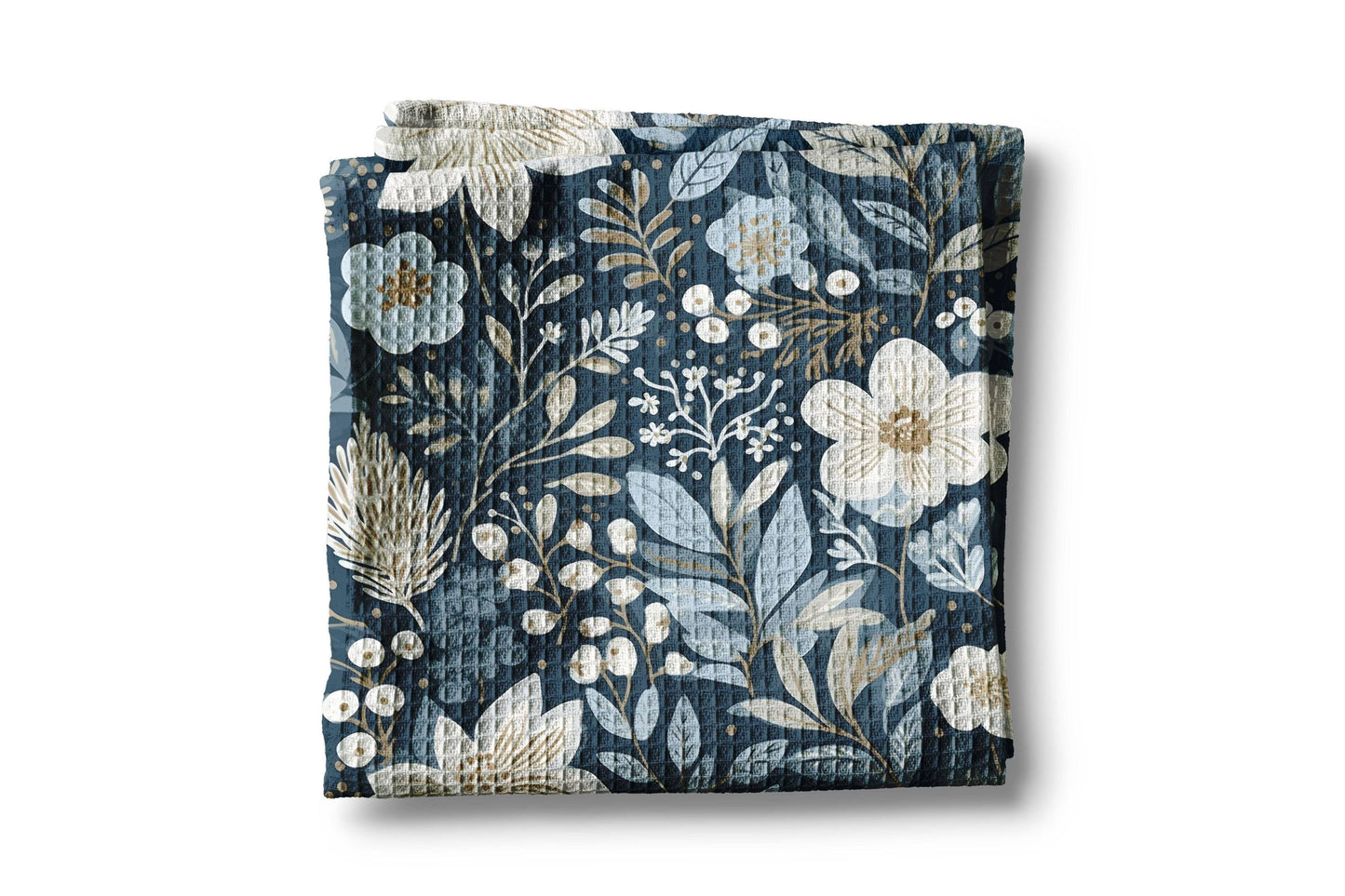 Rustic Kitchen Towel – Navy Blue Floral Leaf Pattern Waffle Weave Absorbent Cloth