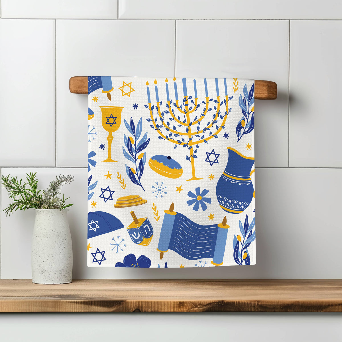 Hanukkah Kitchen Towel Waffle Holiday Menorah Peace Temple