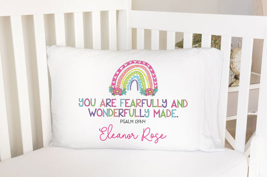 Wonderfully Made Rainbow Standard Pillowcase | Personalized Pillow Cover | Girls Room Decor | Nursery Decor