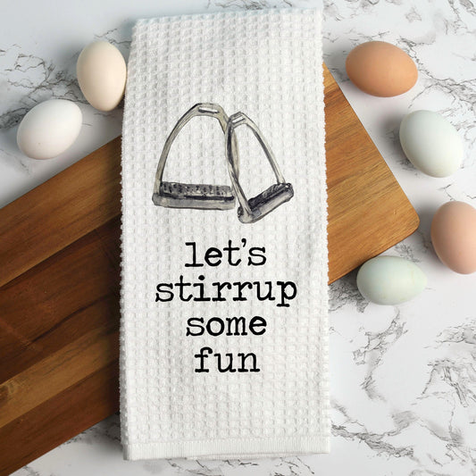 Stirrup Fun Funny Horse Towel | Equine Kitchen Dish Towel | Custom Gifts for Horse Lovers | Rustic Kitchen Decor | Horse Humor
