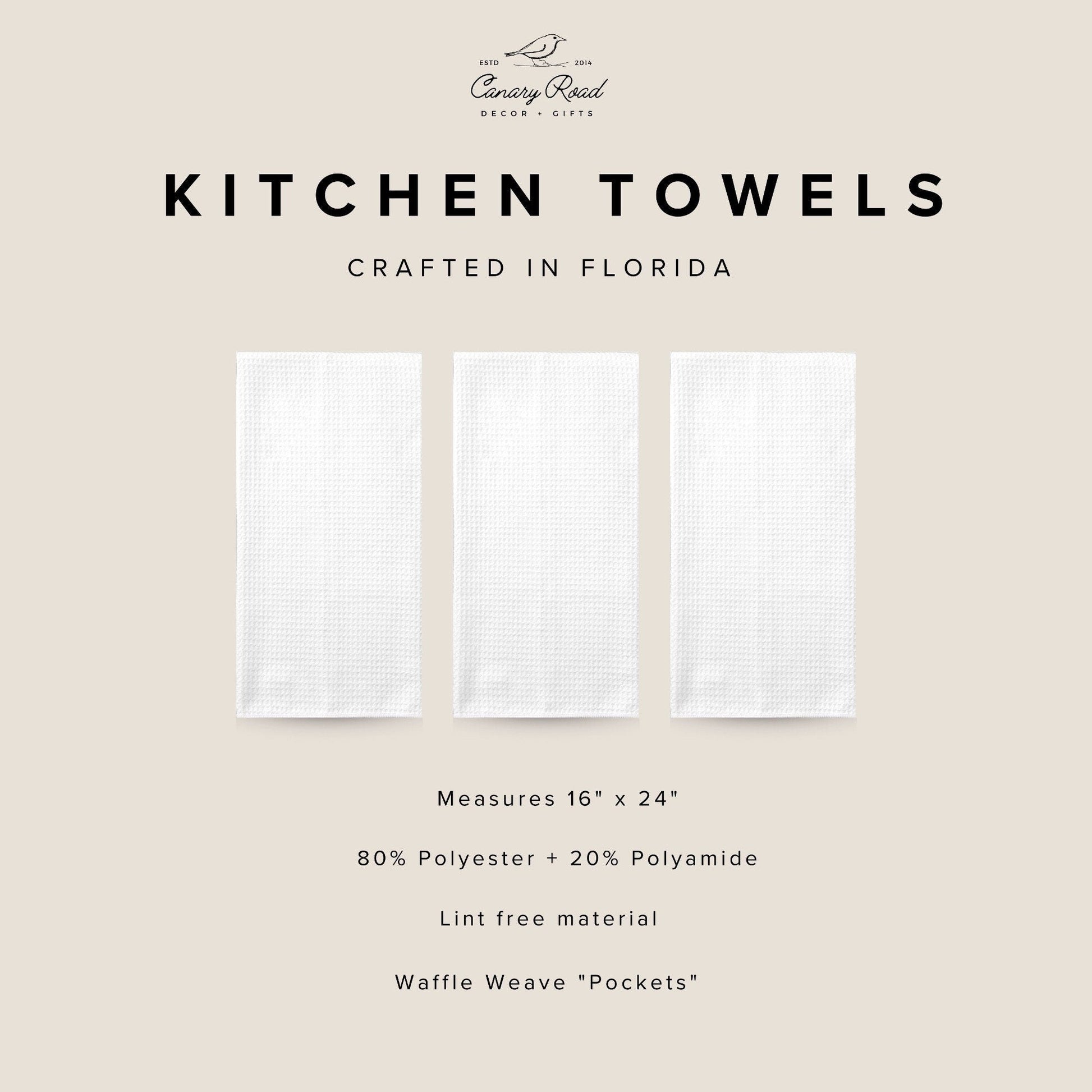 The image is a collage of three identical images of white kitchen towels, each with a different size and shape. The towels are arranged in a row, with one being larger than the other two. The image does not contain any text, and the towels are identical in appearance.