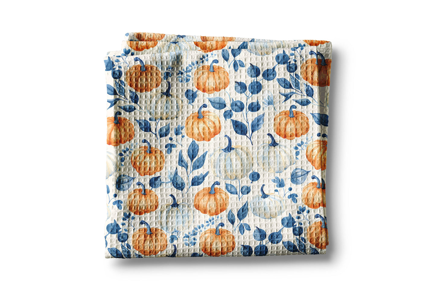Blue Pumpkin Chinoiserie Fall Coastal Kitchen Towel Waffle