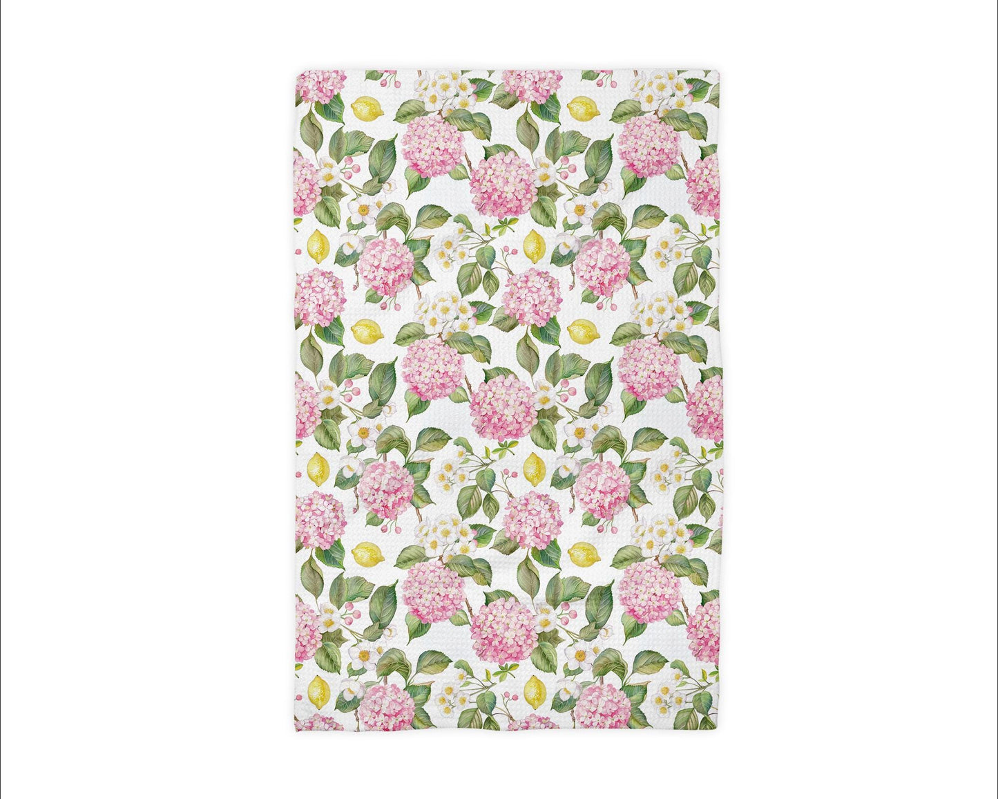 Lemon Pink Hydrangea Kitchen Towel Waffle Weave Floral Citrus Summer Southern Preppy Hostess