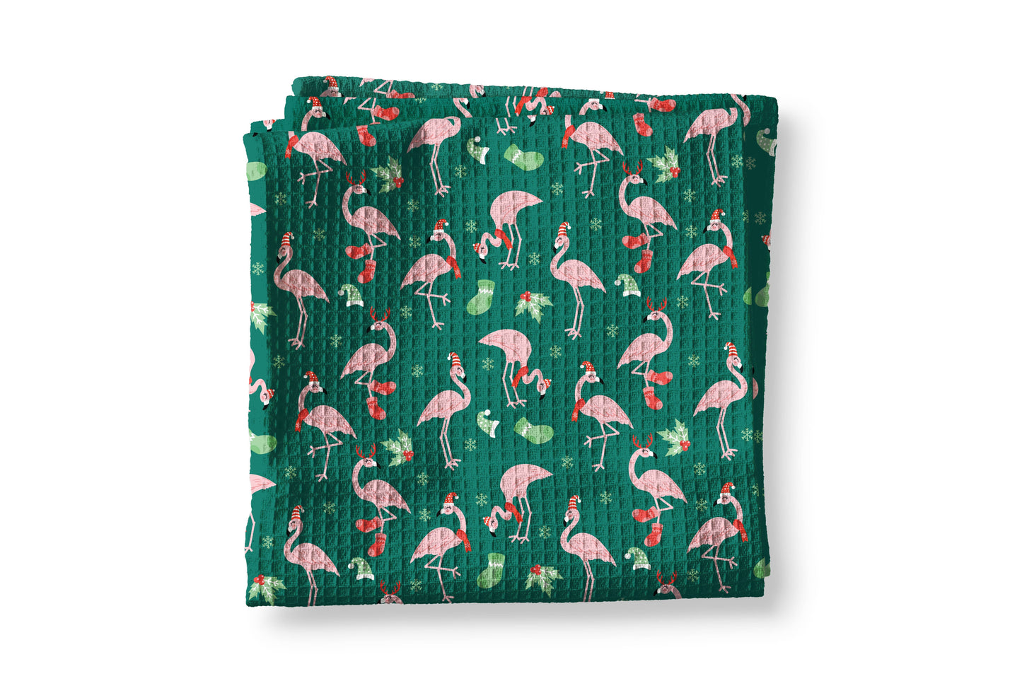 Flamingo Beach Tropical Christmas Waffle Weave Kitchen Towel