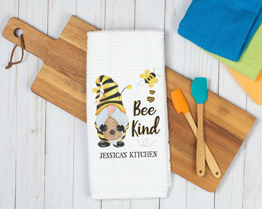 Bee Kind Dish Towel: Personalized Gnome Kitchen Decor (16x24 Inches)